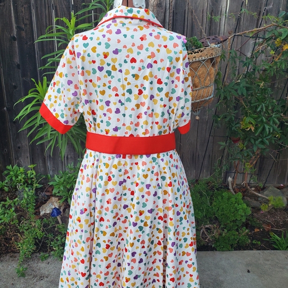 Modcloth Multicolor Heart Print Midi Dress with Red Trim - Picture 5 of 7